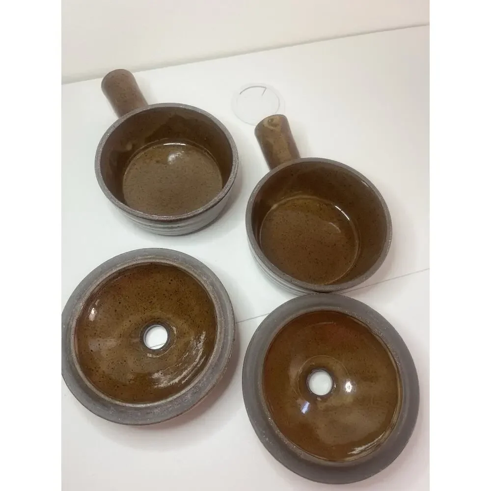 Set Of Vintage Mini Ceramic Crockpot w/ Lid Speckled Stoneware Handled Soup Bowl